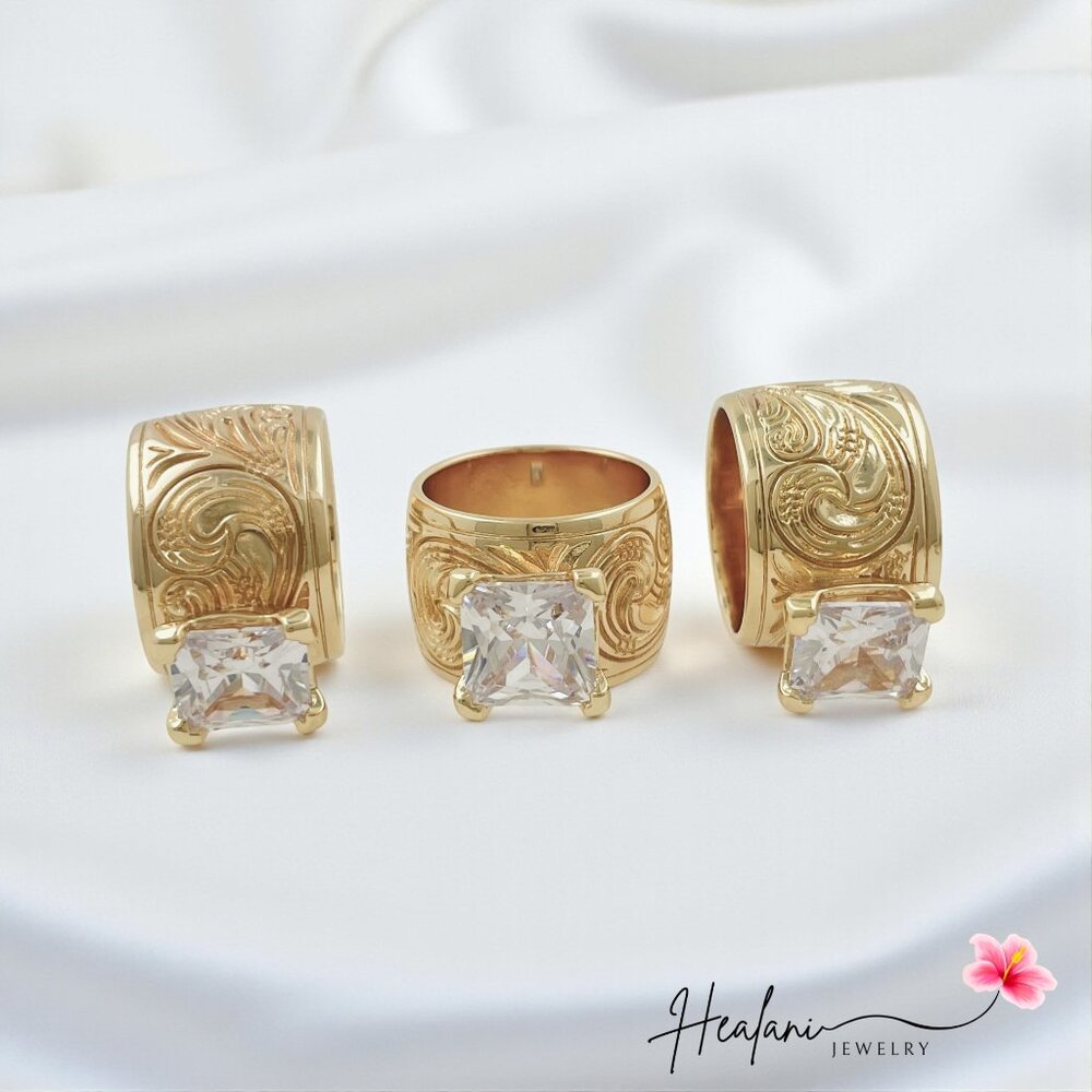 15mm Gold Hawaiian Ali'i Barrel Ring with CZ, Hawaiian Ring
